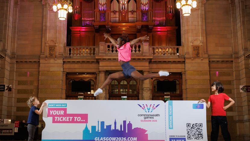 Sasha Hollerin (2), Teddy Campbell (8) and gymnast fan Mercy Abel as tickets are annoucned for Glasgow 2026