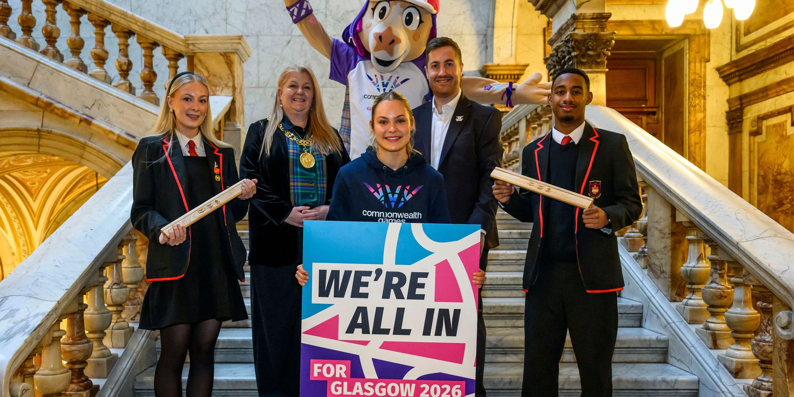 Schools Baton Relay - Finnie, Glasgow’s Lord Provost Jacqueline McLaren, Phil Batty OBE, Lexy Gillies Scottish Netballer and Sophie and Ahmed from St Pauls High School