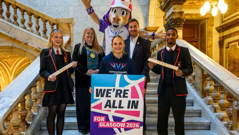 Schools Baton Relay - Finnie, Glasgow’s Lord Provost Jacqueline McLaren, Phil Batty OBE, Lexy Gillies Scottish Netballer and Sophie and Ahmed from St Pauls High School