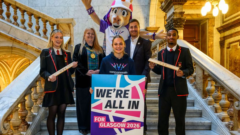 Schools Baton Relay - Finnie, Glasgow’s Lord Provost Jacqueline McLaren, Phil Batty OBE, Lexy Gillies Scottish Netballer and Sophie and Ahmed from St Pauls High School