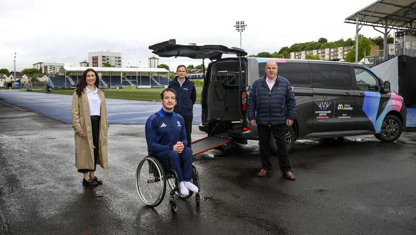 L-R, Jade Gallagher (Chief Operating Officer at Glagow 2026), Sean Frame (Team Scotland Para athlete), Peter Facenna (MD at Allied Mobility) and Gerry Facenna (Allied Chairman)