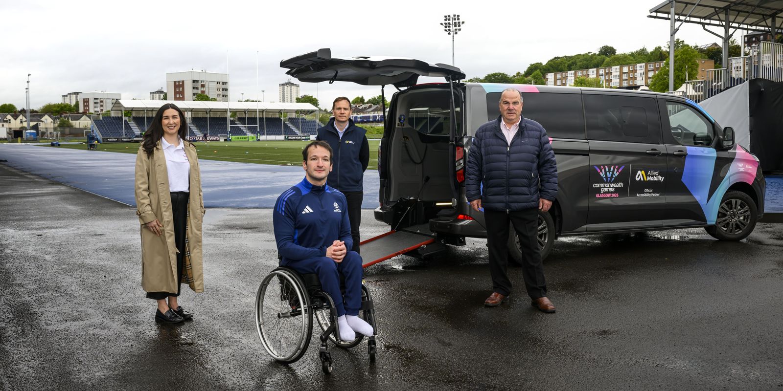L-R, Jade Gallagher (Chief Operating Officer at Glagow 2026), Sean Frame (Team Scotland Para athlete), Peter Facenna (MD at Allied Mobility) and Gerry Facenna (Allied Chairman)