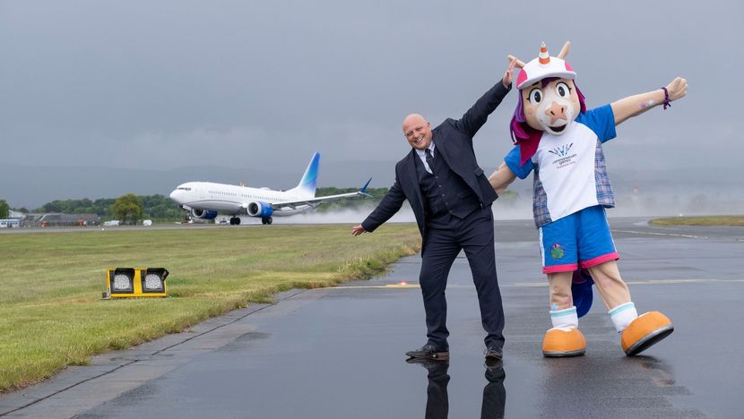 Finnie steps hoof on to the Glasgow Airport runway with Gavin Birch-Williams (MD of Glasgow Airport)