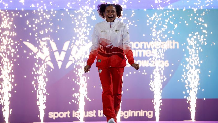 G2026: Jazmin Sawyers of Team England attends the medal ceremony for the Women's Long Jump