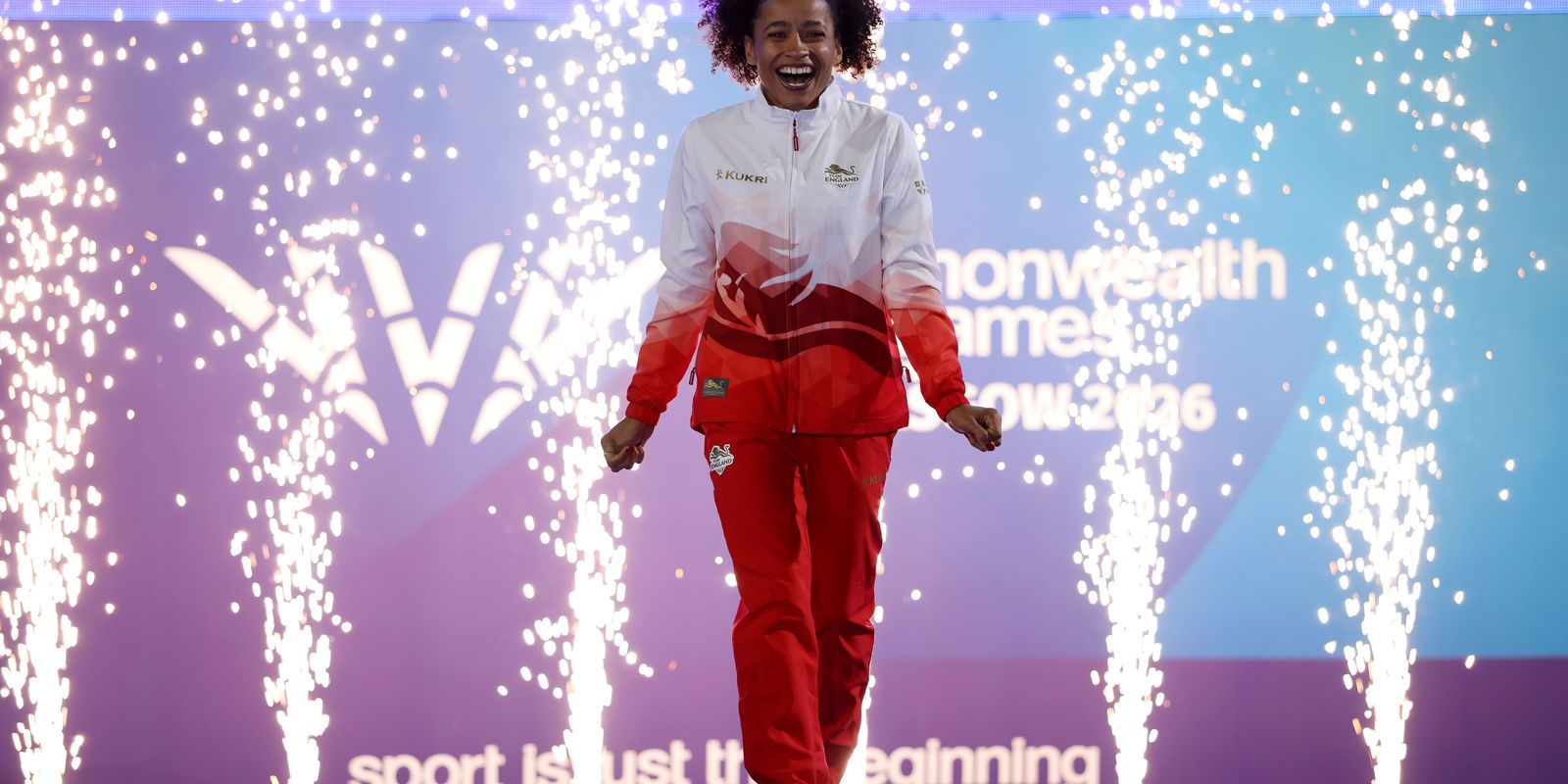 G2026: Jazmin Sawyers of Team England attends the medal ceremony for the Women's Long Jump