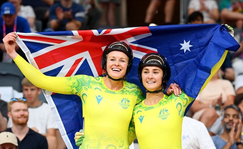 Jessica Gallagher celebrates gold for Australia in tandem B sprint