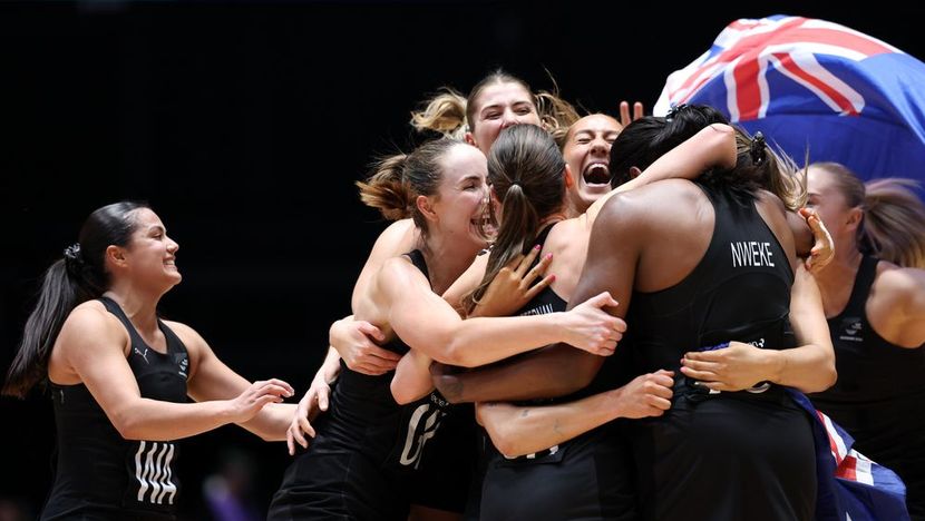 New Zealand netball celebrate gold medal win against Jamaica