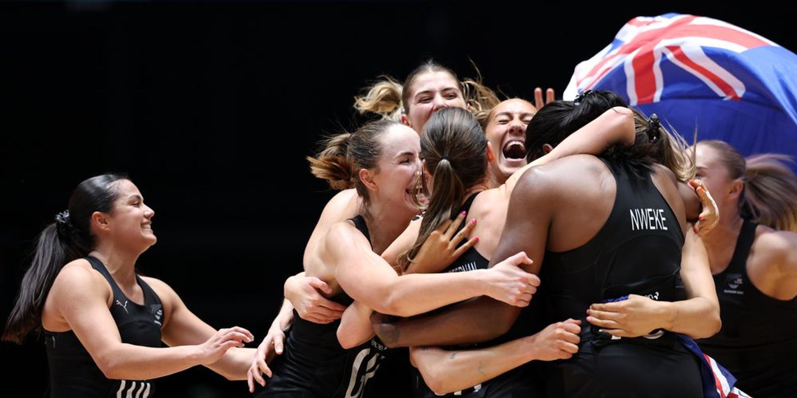 New Zealand netball celebrate gold medal win against Jamaica